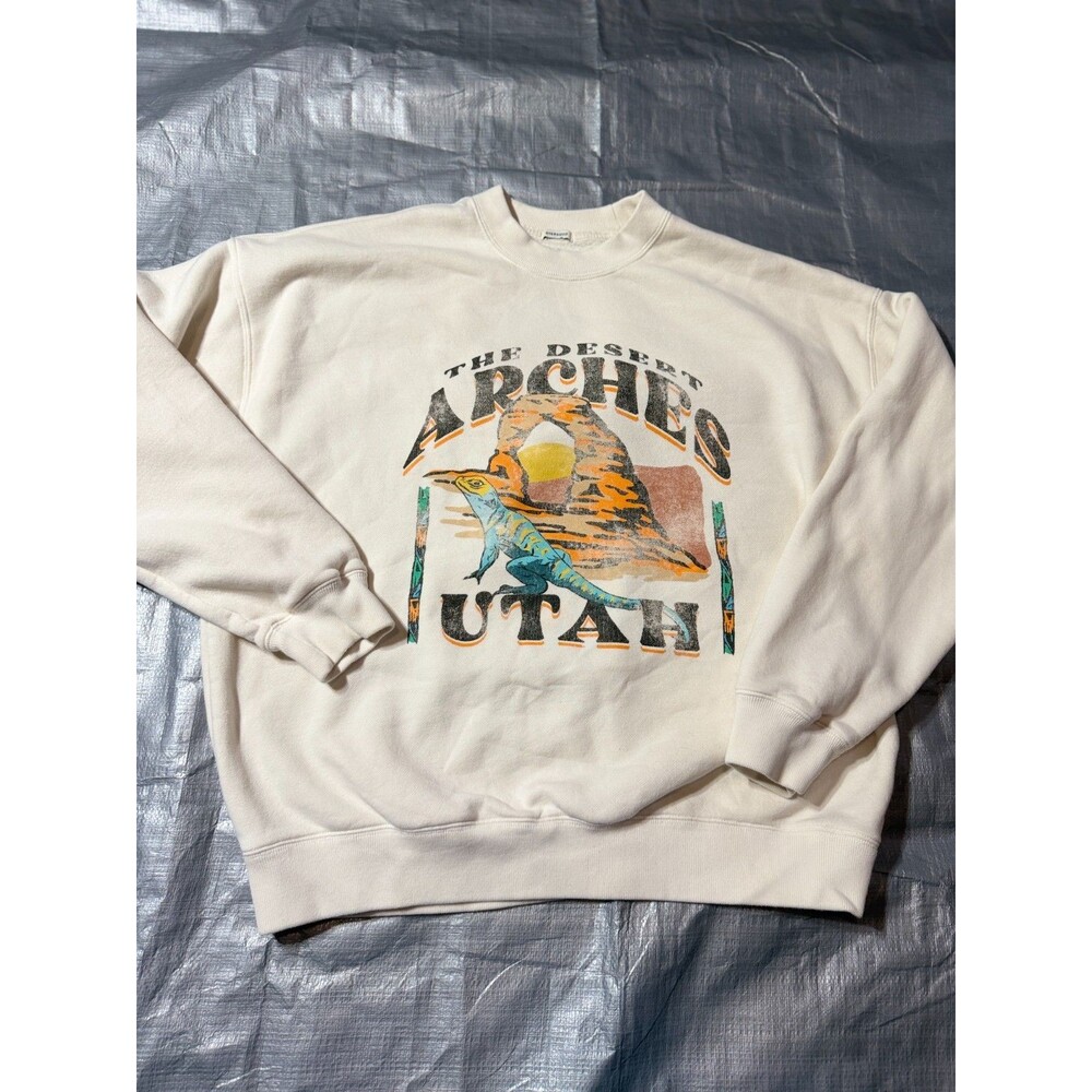 Abercrombie & Fitch Sweatshirt Mens Medium Cream Arches Utah Lizard Oversized Fl